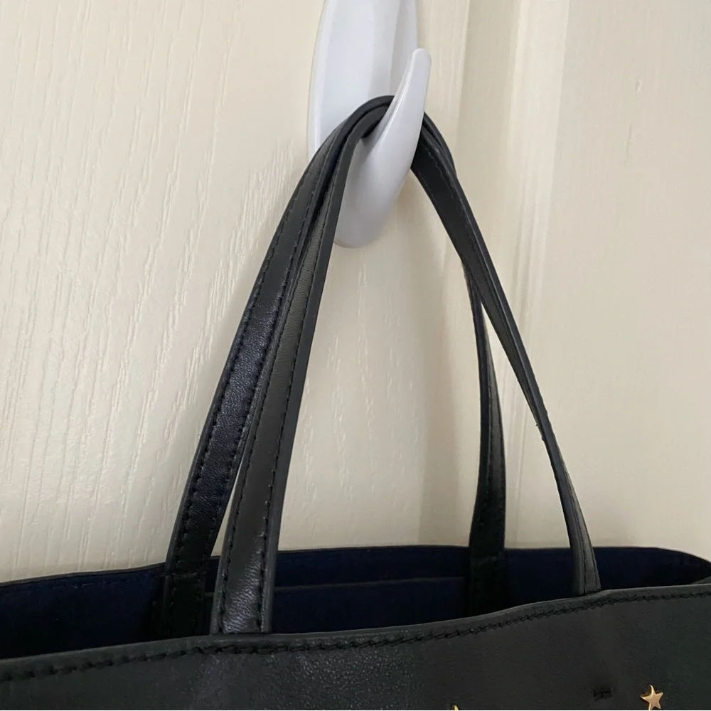 $398 Tory Burch Fleming Black Lambskin Leather Gold Star Studs Satchel Tote Bag